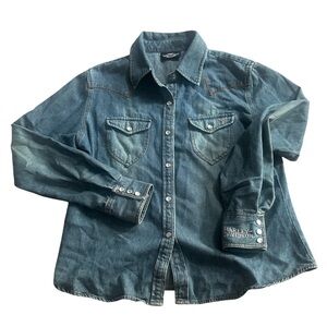 Harley Davidson Pearl Snap Western Denim Shirt Womens Medium Large